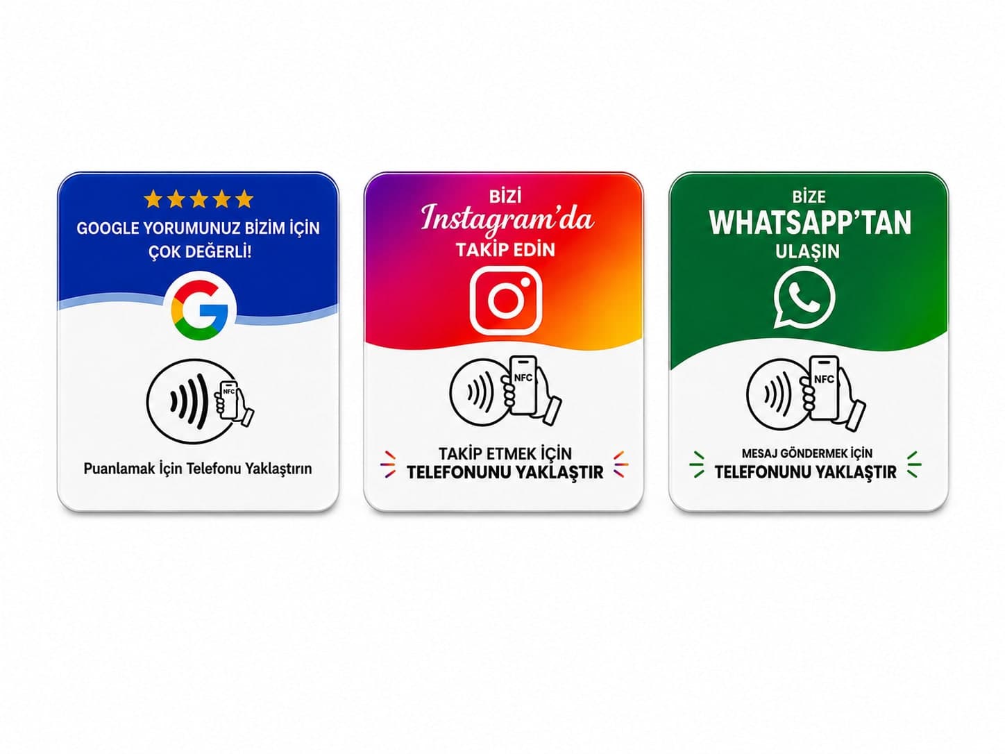 Google, Instagram ve WhatsApp NFC kartları yan yana — 3'lü paket ön görünüm
