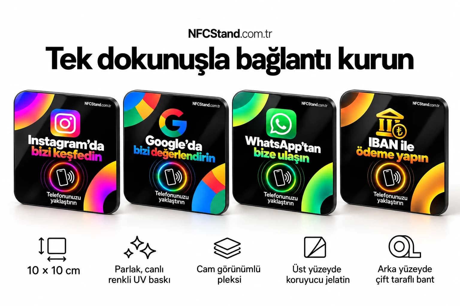 4'lü 10×10 cm NFC kart paketi: Instagram, Google, WhatsApp ve IBAN ödeme kartları