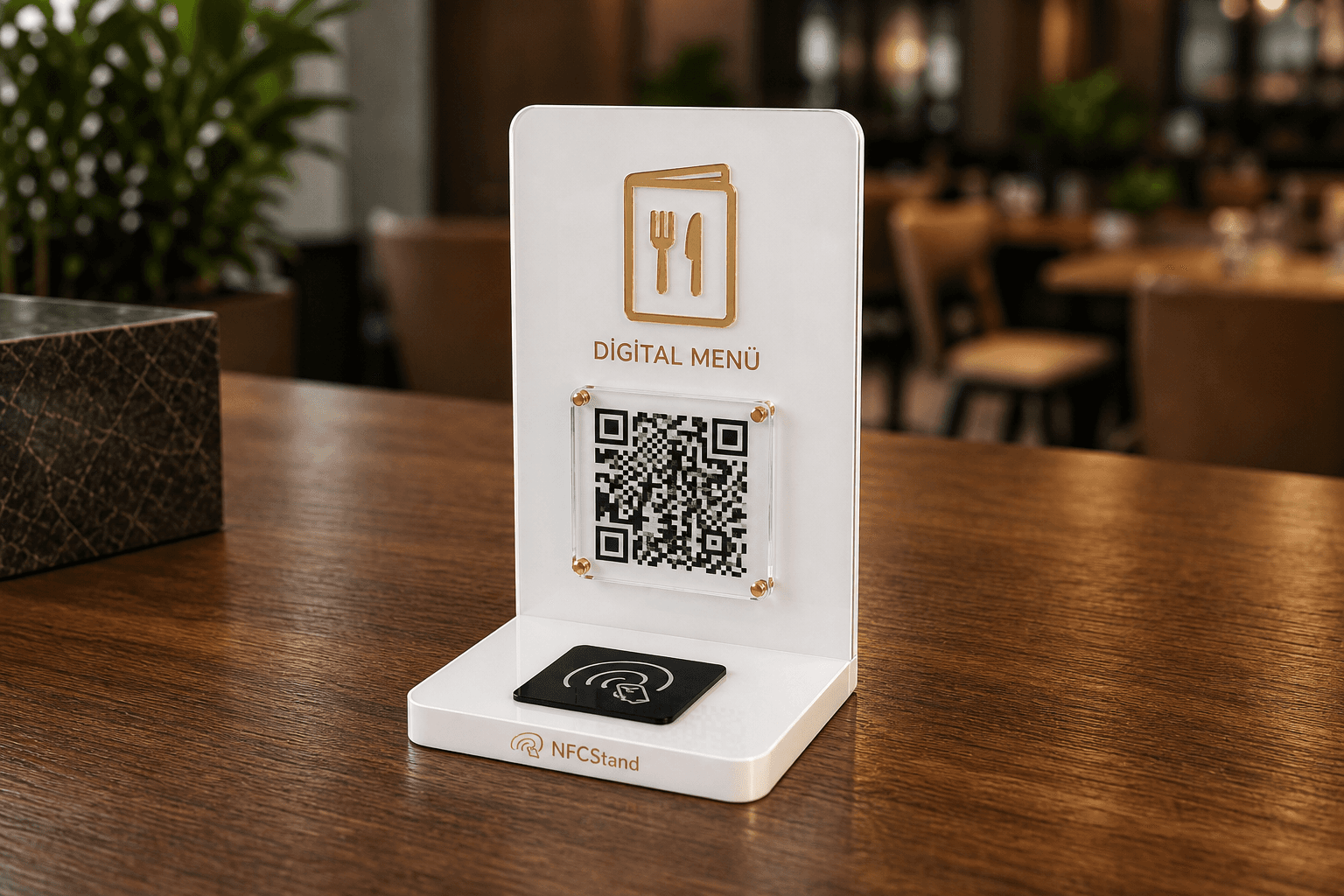 Kafe masasında pleksi QR menü standı, önden kullanım görünümü