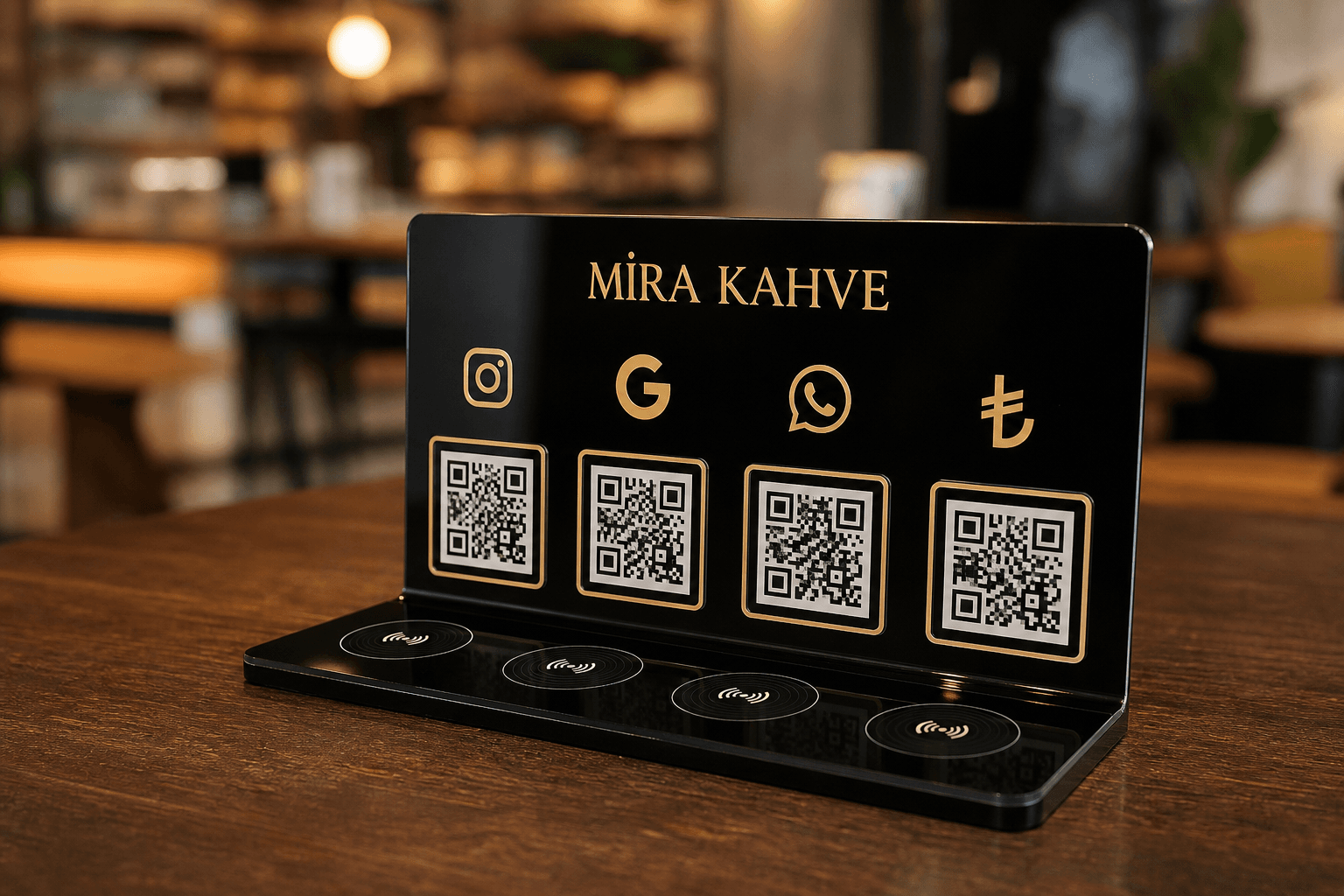 Siyah pleksi dört kanallı NFC stand: altın Instagram, Google, WhatsApp ve ödeme simgeleri, her sütunda QR kod ve altta NFC alanı