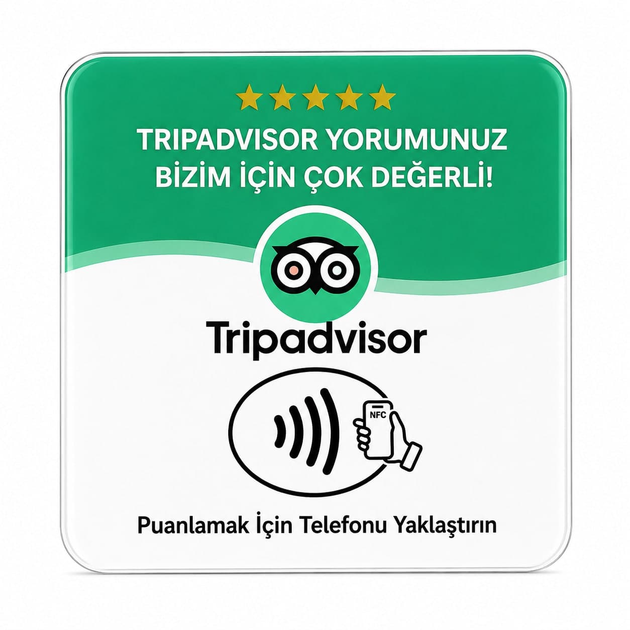 Tripadvisor NFC kartı ön görünüm — profil açmak için telefonu yaklaştırın