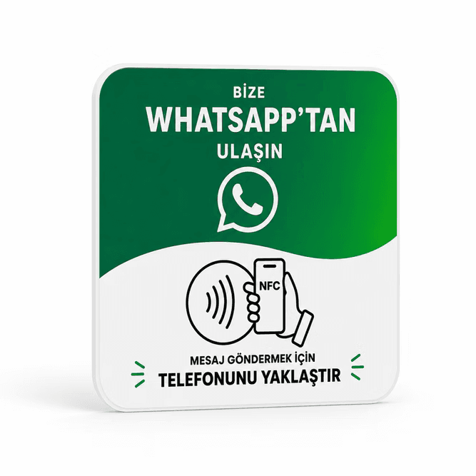 WhatsApp NFC kartı ön görünüm — sohbet başlatmak için telefonu yaklaştırın