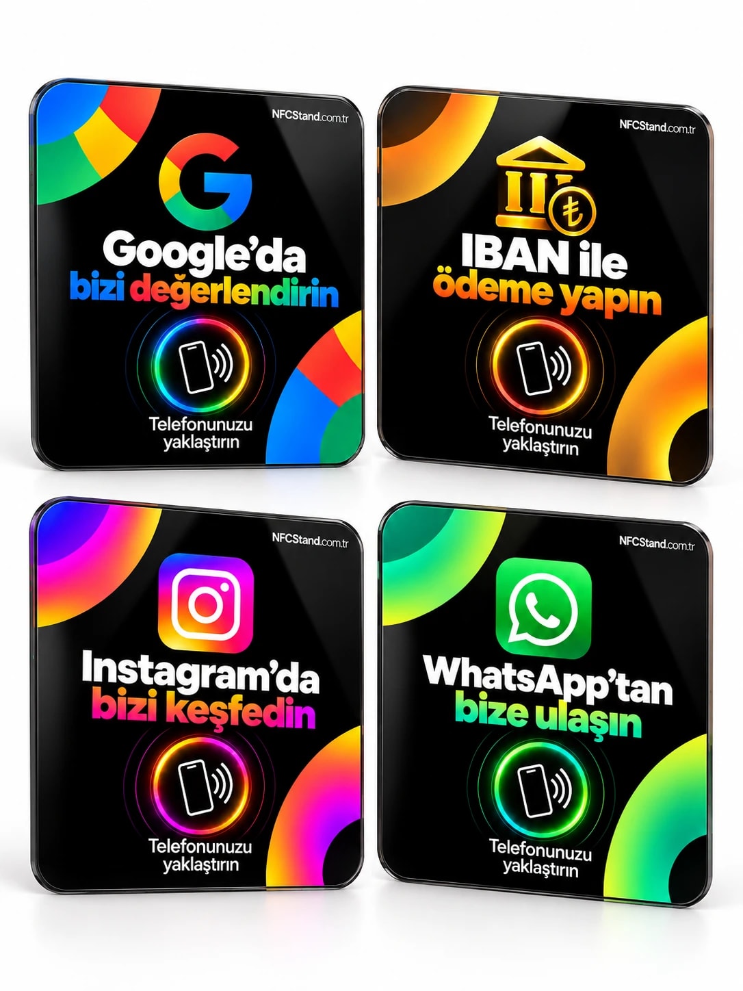4'lü 10×10 cm NFC kart paketi: Google yorum, IBAN, Instagram ve WhatsApp kartları ikişerli dizilmiş