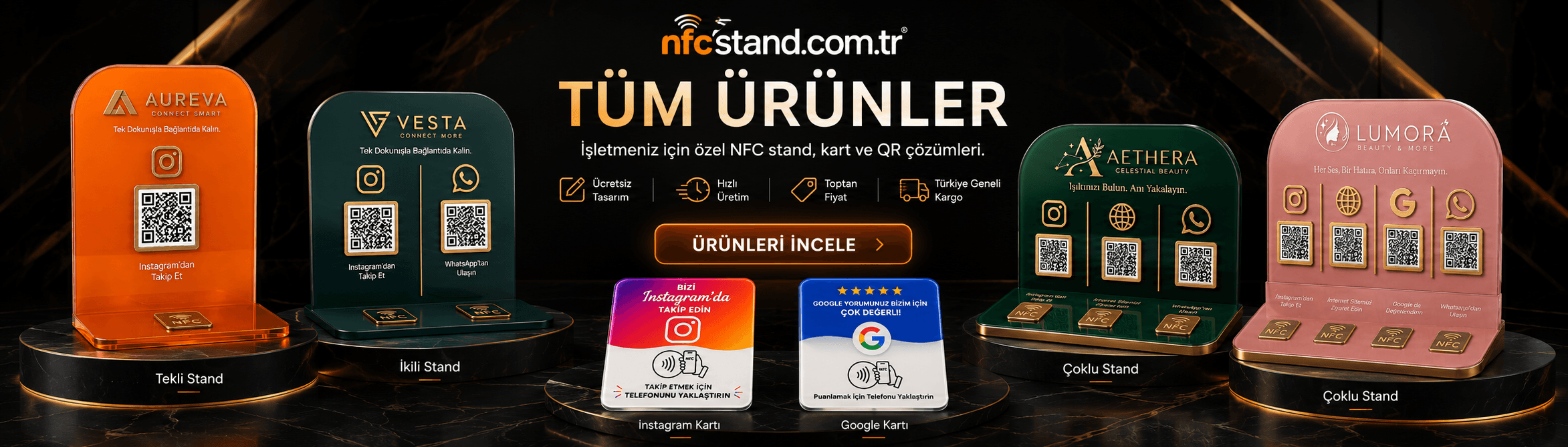 NFCStand tüm ürünler — Tekli, İkili ve Çoklu pleksi standlar ile Instagram ve Google NFC kartları; işletmeye özel NFC, kart ve QR çözümleri