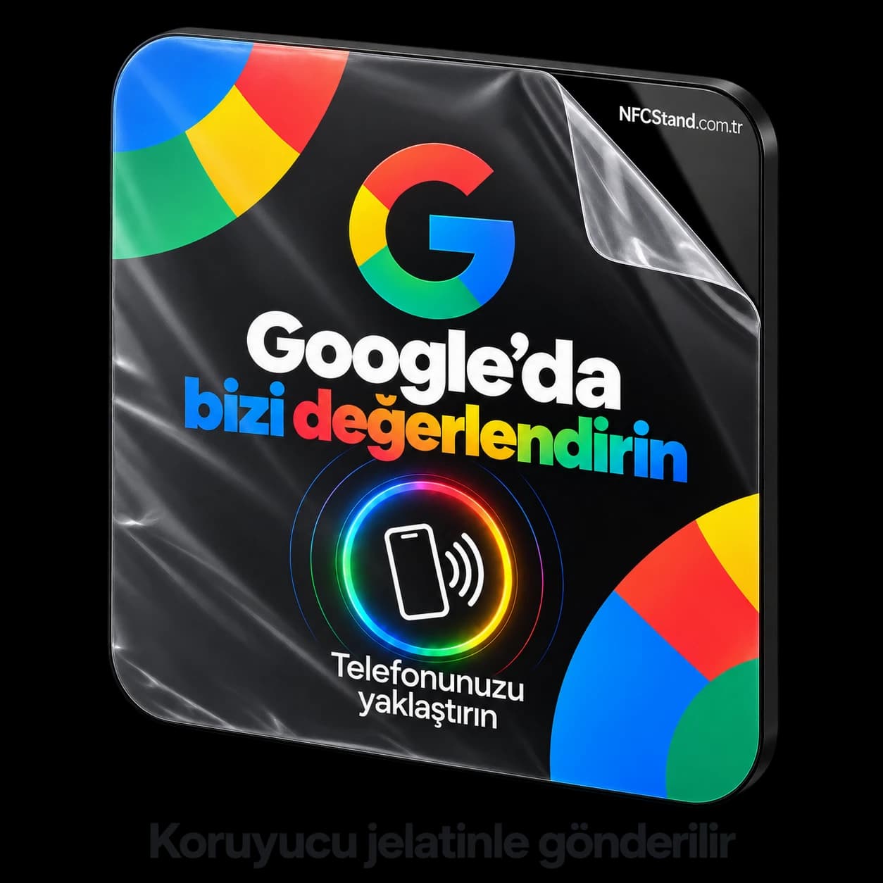 Koruyucu jelatinle gönderilen 10×10 cm Google yorum NFC kartı