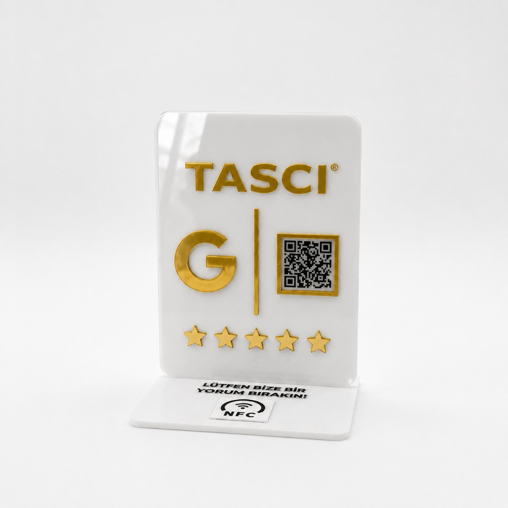 Beyaz-altın tek QR tek NFC Google yorum standı (Taşçı), kasa tezgâhı görünümü