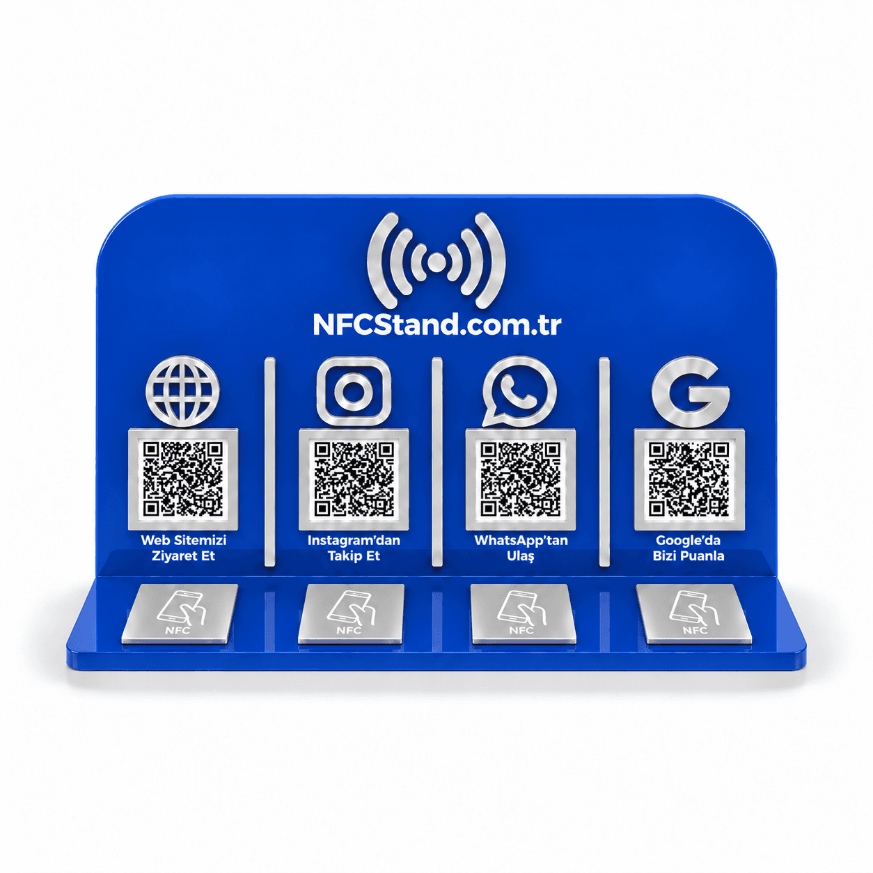 Mavi-gümüşü Quattro akril stendi — sayt, Instagram, WhatsApp və Google, 4 NFC + 4 QR, öndən görünüş