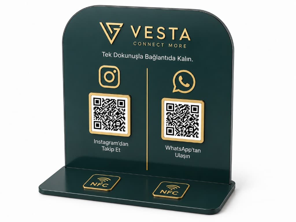 Tünd yaşıl-qızılı Duo akril stendi — Instagram və WhatsApp üçün iki kanallı NFC + QR piştaxta stendi