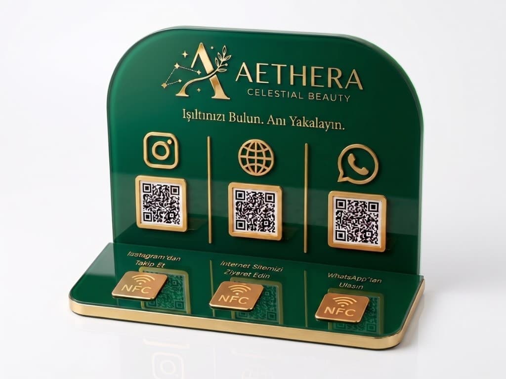 Zümrüt-altın Trio pleksi stand — Instagram, website ve WhatsApp QR + üç NFC dokunuş alanı