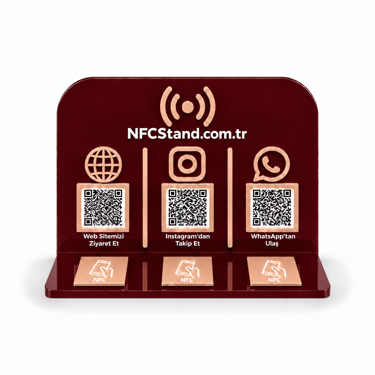 Bordo və çəhrayı-qızılı Trio akril stendi — sayt, Instagram və WhatsApp, 3 NFC + 3 QR, öndən görünüş
