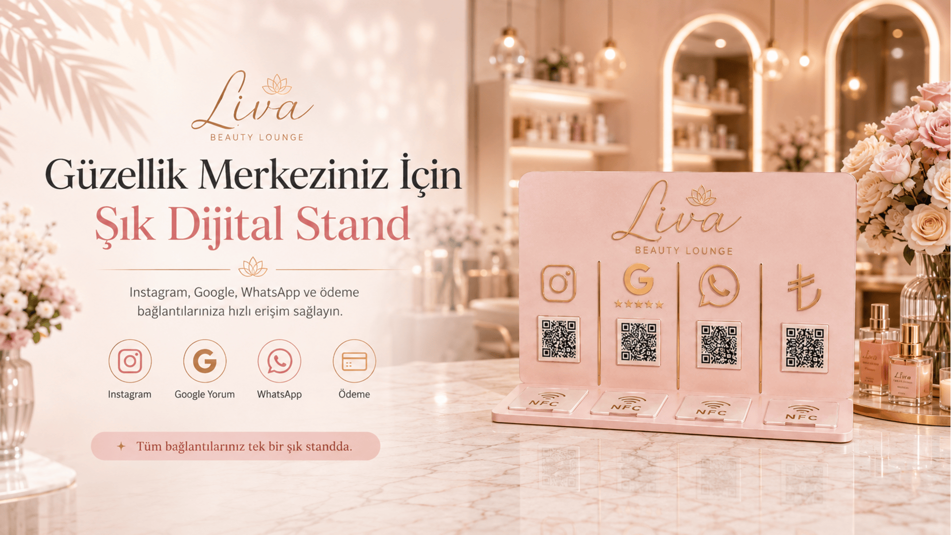 Güzellik salonu kasasında pembe dört kanallı NFC stand