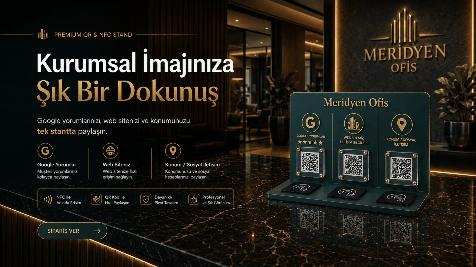 Ofis resepsiyonunda yeşil üç kanallı NFC stand