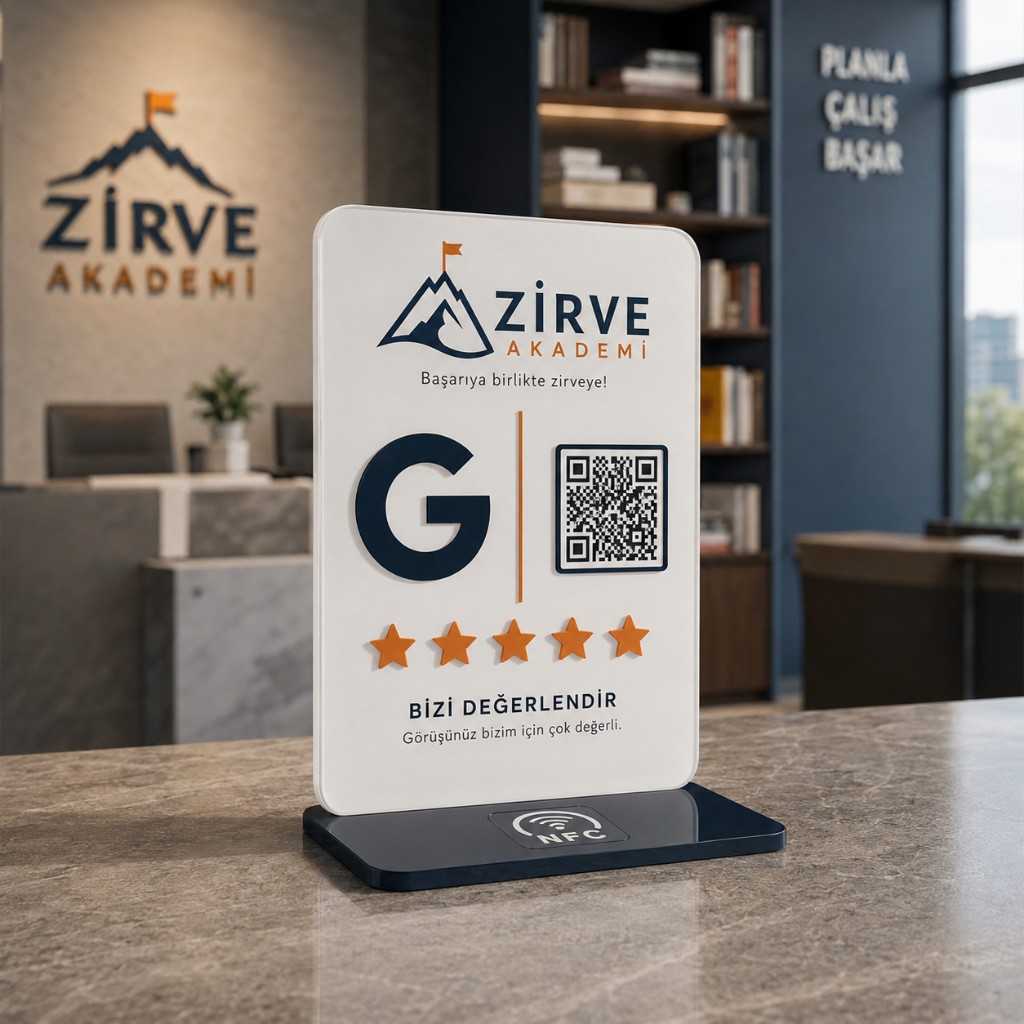 Tek QR ve tek NFC Google yorum standı, renkli örnek tasarımlar