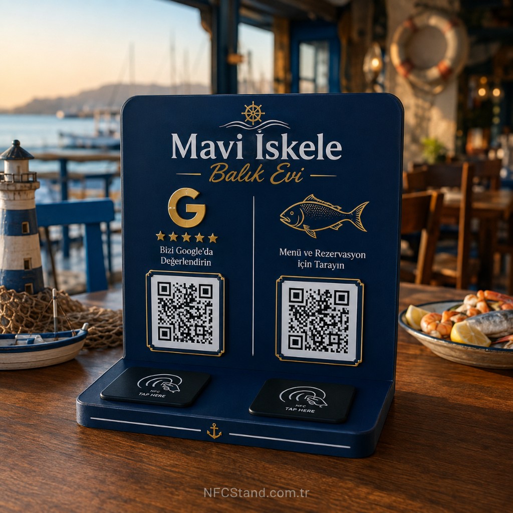 İki QR ve iki NFC stand, renkli örnek tasarımlar