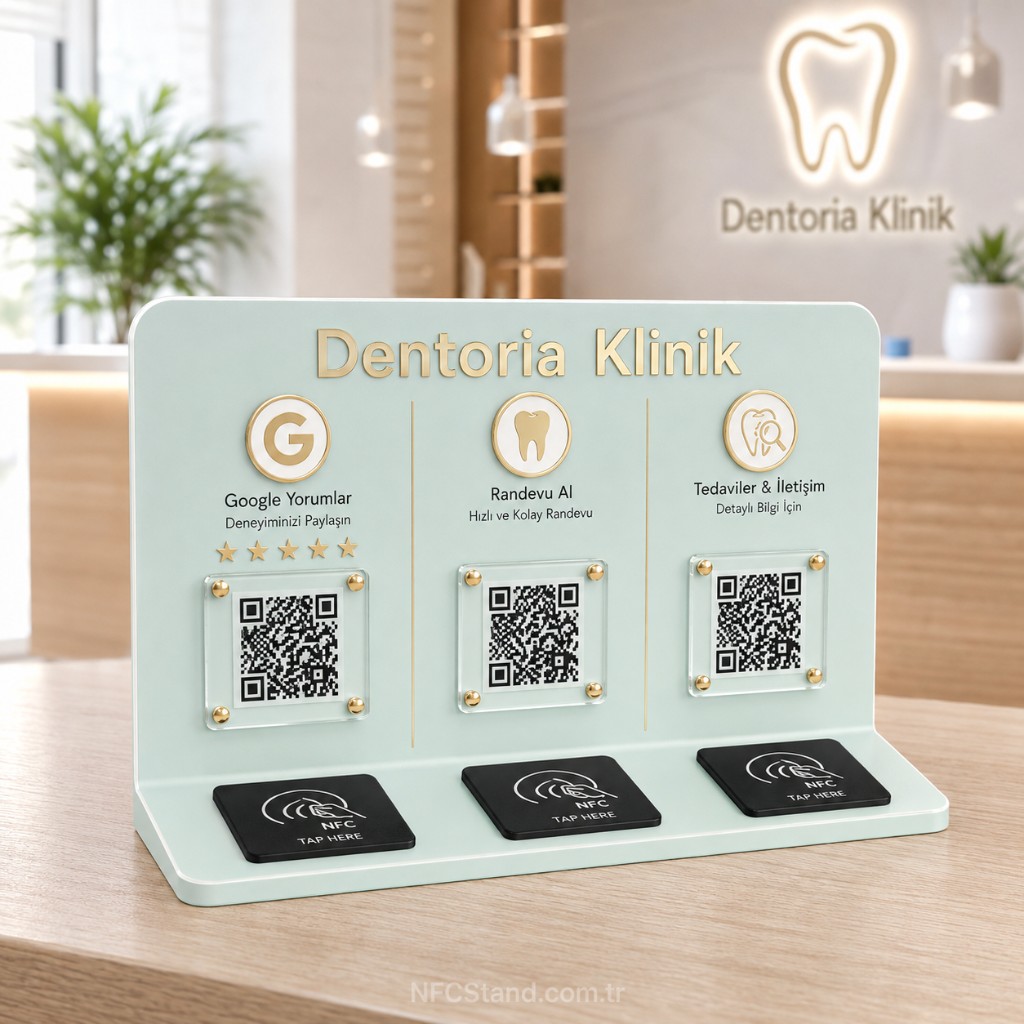 Üç QR ve üç NFC stand, renkli örnek tasarımlar