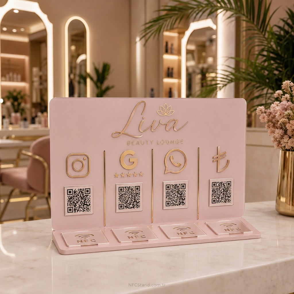 Dört QR ve dört NFC stand, renkli örnek tasarımlar
